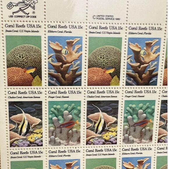MNH Scott 1989  #1827-30 Coral Reefs Stamps Sheet of 50 15 Cent Stamps - Picture 2 of 2